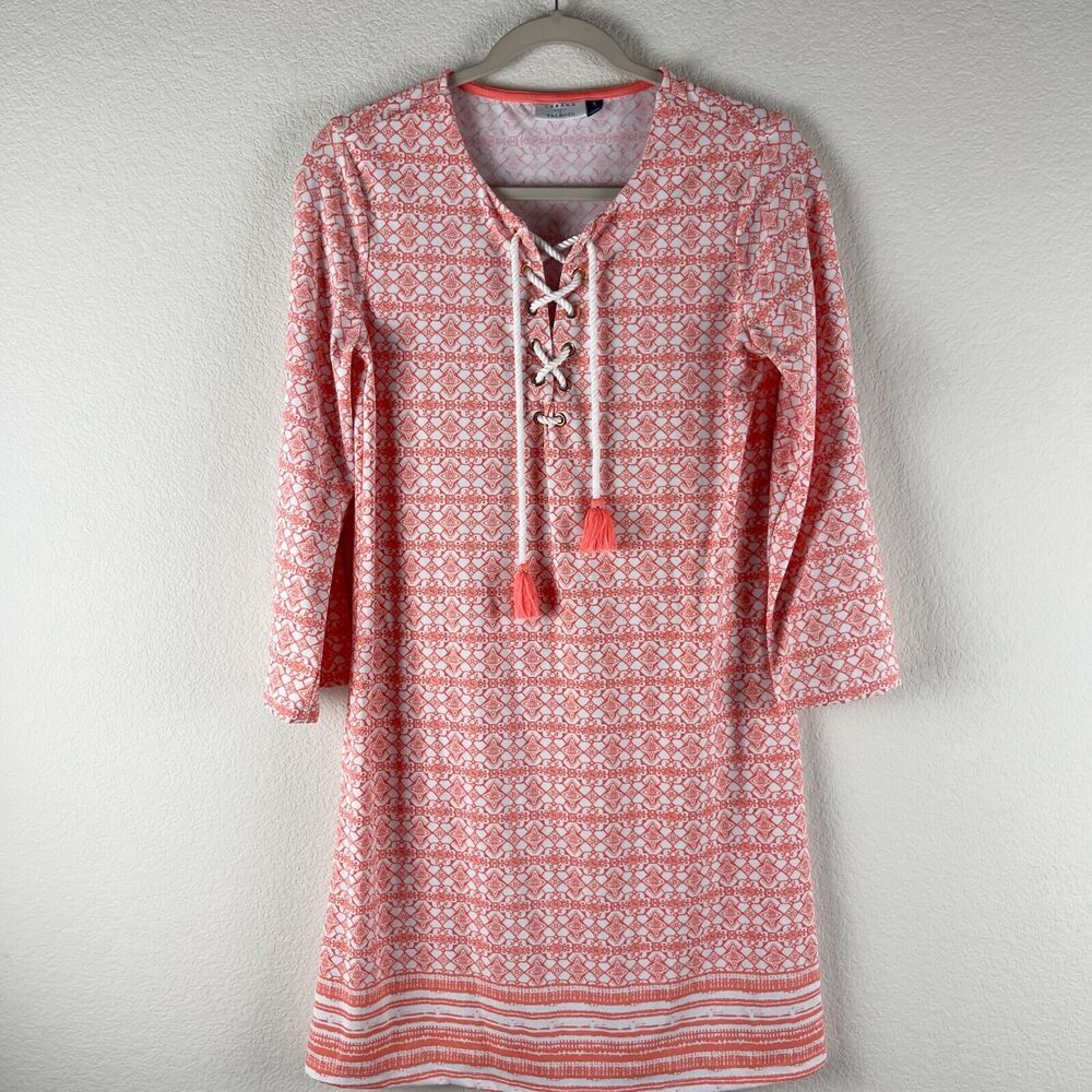 Cabana Life x Talbots Dress Womens Small Orange Geometric Tassel Strechy